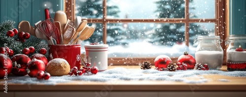 Kitchen with baking supplies and snow outside, realistic, vibrant colors, festive baking scene photo