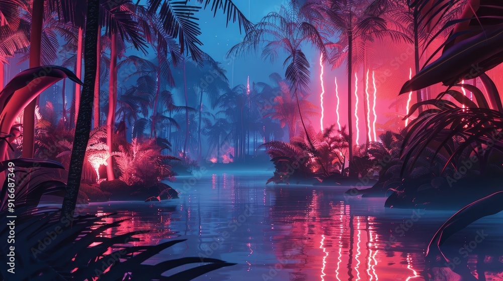 Fototapeta premium Futuristic art with modern layout and glowing tropical plants forest.