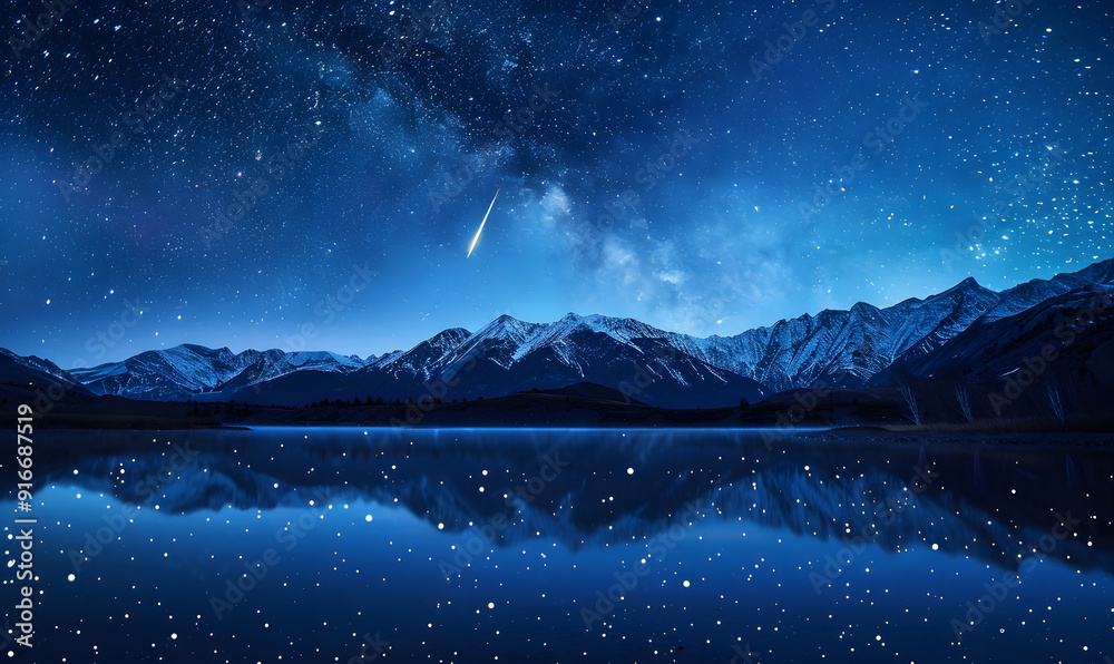 Fototapeta premium Snow-capped mountains and lakes under the Milky Way stars