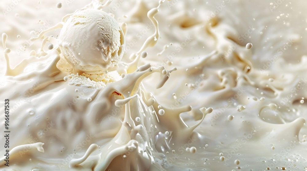 Fototapeta premium Vanilla splash with ball of vanila ice cream inside isolated make more background