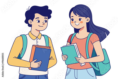 Two Students in Jeans and Sneakers Line Art Doodle Vector Holding Books and Folders photo