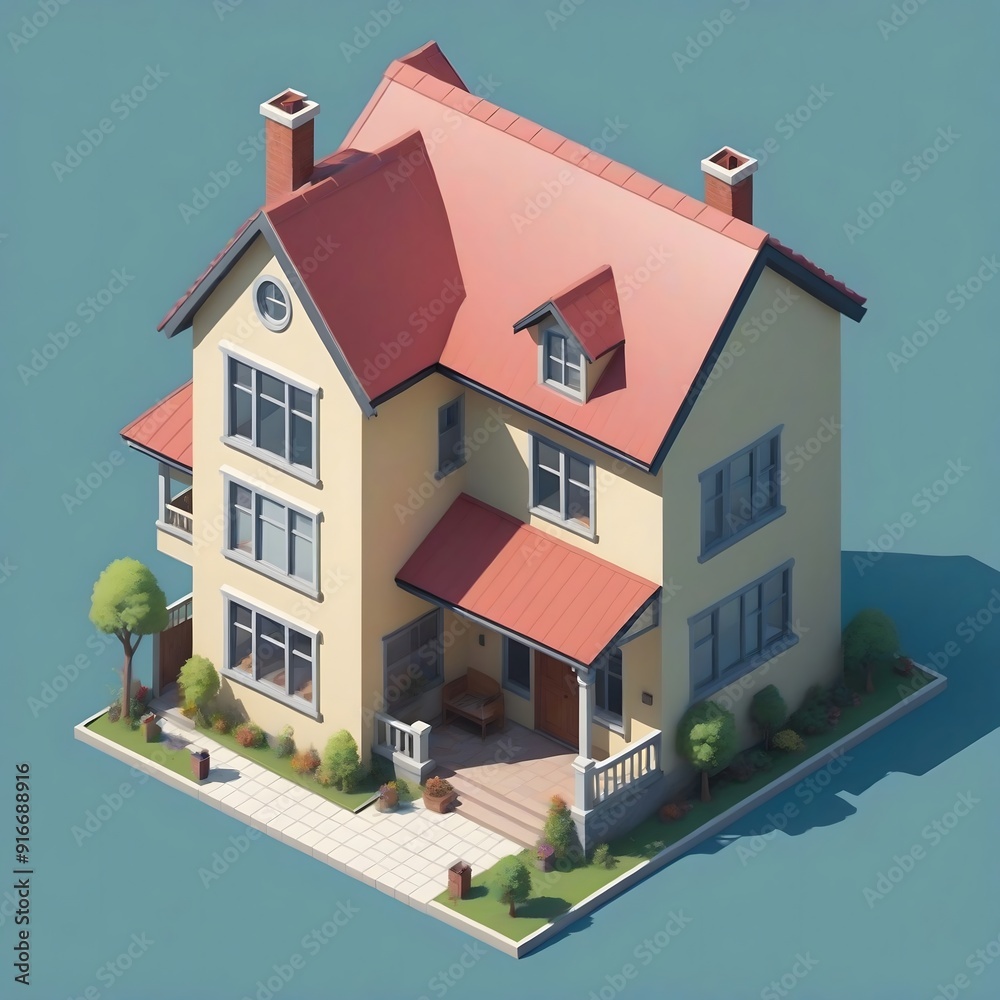 3D Illustration of a Yellow Two-Story House with Red Roof. 3D Illustration of a Yellow Two-Story House with Red Roof.