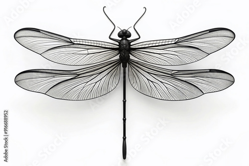 Delicate dragonfly illustration in bold black lines and minimalist design, wings spread wide, perched on a thin wire, against a soft white background.