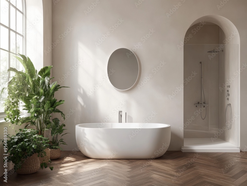 A bathroom with a large white bathtub and a mirror. The bathroom is decorated with a plant and a potted plant. The bathroom has a modern and clean look A bathroom with a large white bathtub and a mirror. The bathroom is decorated with a plant and a potted plant. The bathroom has a modern and clean look