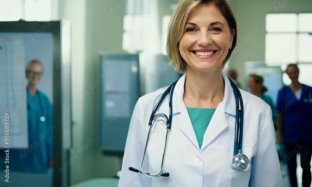 Environmental portrait video of a grinning doctor in her 40s wearing a scrub or lab coat with doctors nurses therapists Environmental portrait video of a grinning doctor in her 40s wearing a scrub or lab coat with doctors nurses therapists