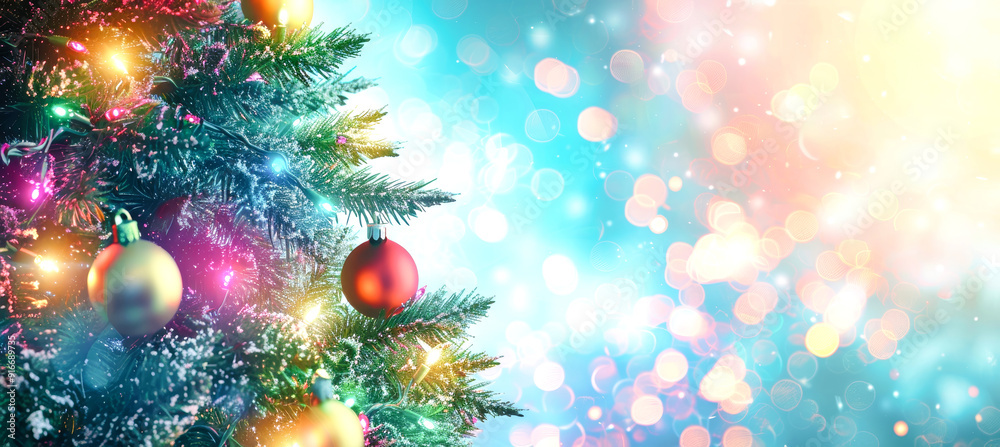 A close-up of a decorated fir tree, adorned with twinkling lights and colorful ornaments, stands proudly against a vibrant background of bokeh lights A close-up of a decorated fir tree, adorned with twinkling lights and colorful ornaments, stands proudly against a vibrant background of bokeh lights