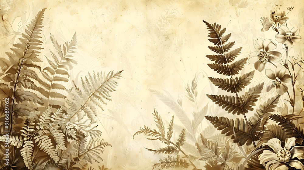 Naklejka premium A beautifully detailed vintage wallpaper featuring botanical prints of orchids and ferns. The sepia-toned illustrations are intricate and set against a subtly aged background for a timeless look.