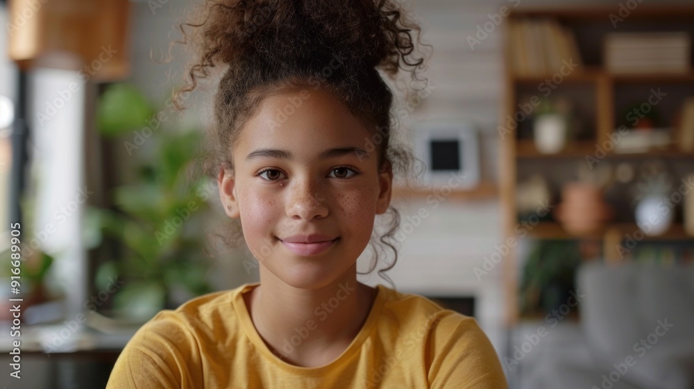 A young girl with curly hair is smiling at the camera A young girl with curly hair is smiling at the camera