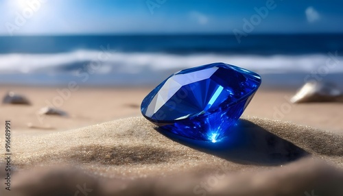 eep blue sapphire gemstone buried in sandy beach, sparkling gemstone in natural surroundings for luxury jewelry design, ocean inspired gem with rich blue hues