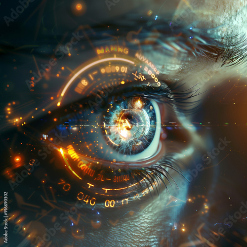 Close up of human eye with digital circuit concept. photo