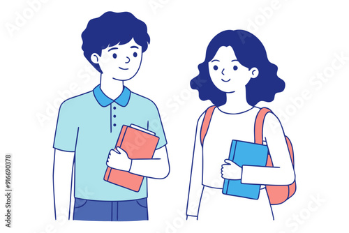 Two Students in Jeans and Sneakers Line Art Doodle Vector Holding Books and Folders photo