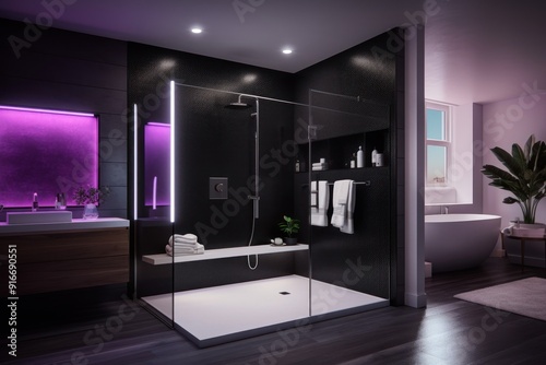 Modern Bathroom with Black Tile, Glass Shower, and White Tub photo