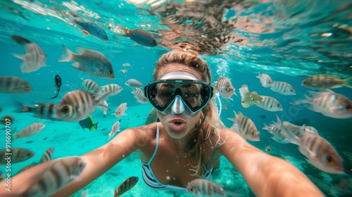 Woman's Selfie amidst a Vibrant Shoal of Fish on a Tropical Dive