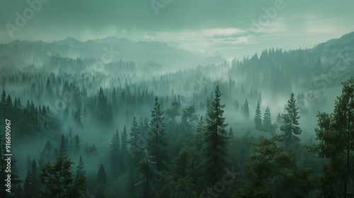 A foggy forest with lots of trees in the foreground and a lot of fog in the middle of the forest on the far side of the picture is a foggy sky.