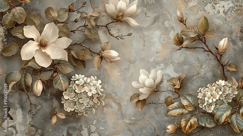 A beautifully detailed vintage wallpaper featuring heritage blossoms of magnolias and hydrangeas.