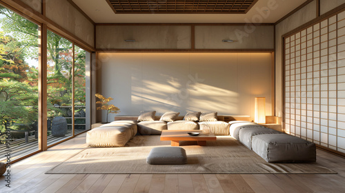 A modern Japanese-style living room with a large window overlooking a lush garden.  The room is furnished with a comfortable modular sofa, a coffee table, and floor cushions. The natural light streami photo