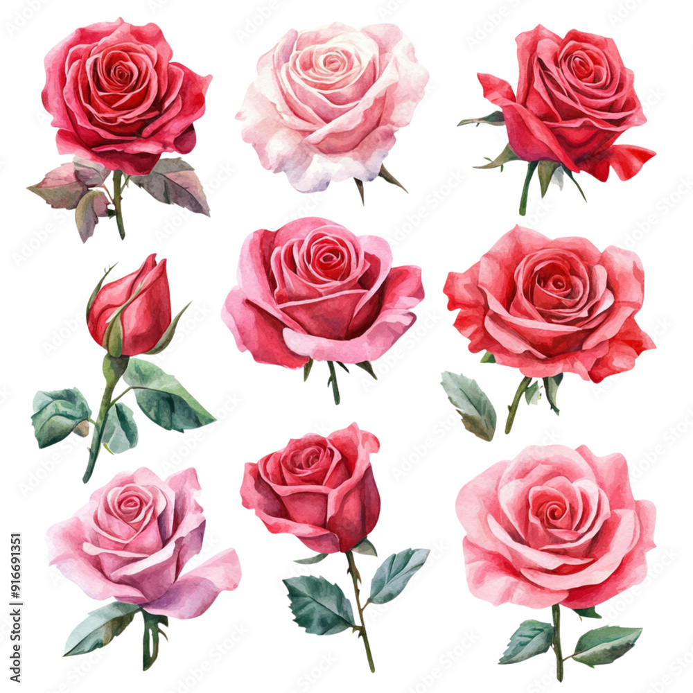 set watercolor rose flower on white background set watercolor rose flower on white background