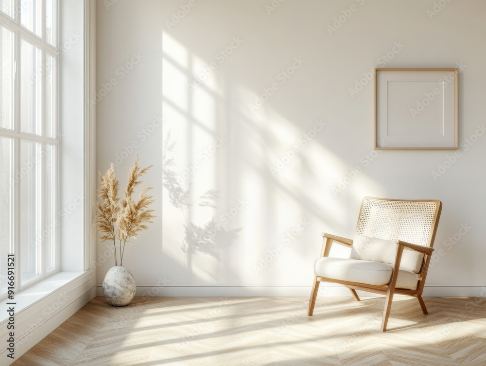 A white room with a chair and a vase. The room is very clean and bright, with a lot of natural light coming in through the windows A white room with a chair and a vase. The room is very clean and bright, with a lot of natural light coming in through the windows