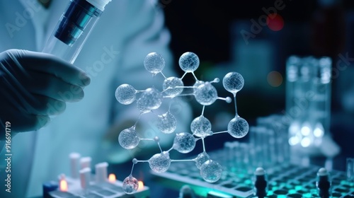 Scientist Holding Syringe with 3D Molecular Model in Lab