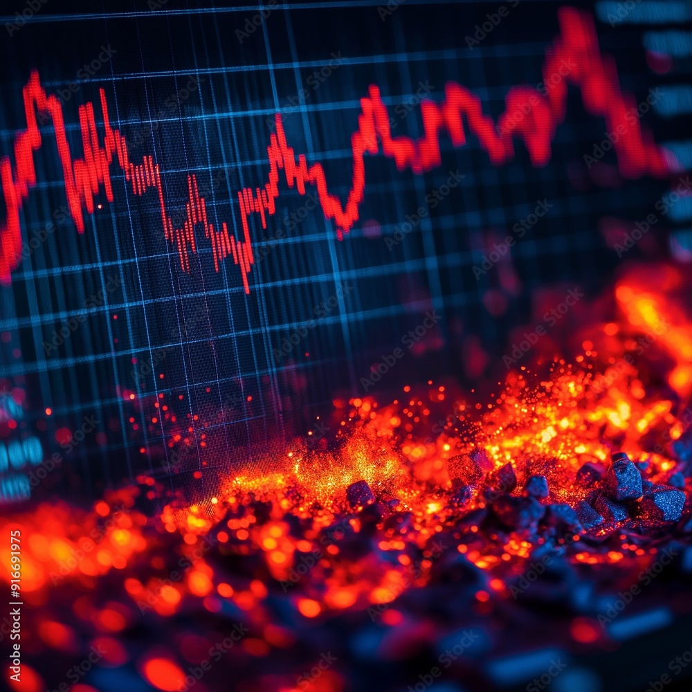 Stock market crash visualized with a fiery red chart plunging downward. Ideal for illustrating financial crises and economic downturns.