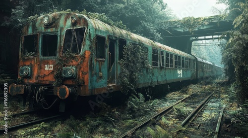 A train is covered in vines and leaves, and is sitting on a train track