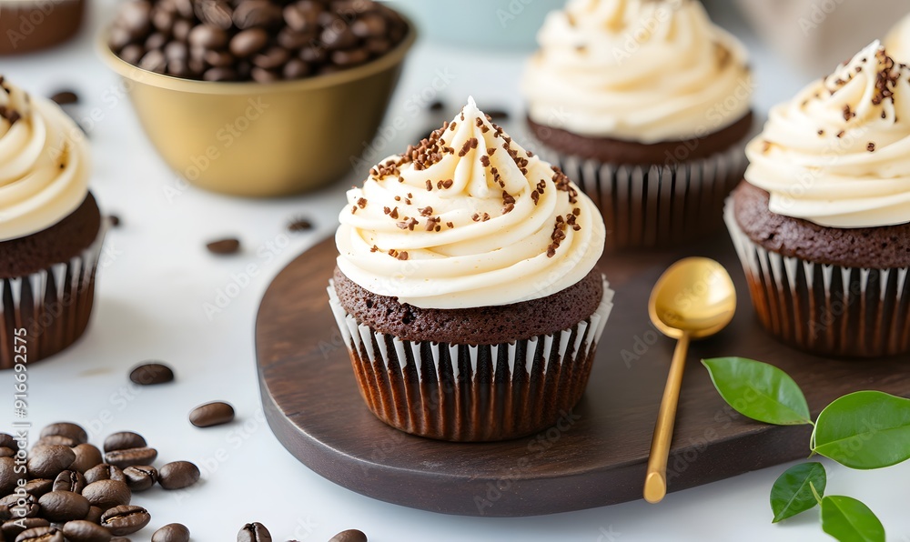 coffee cupcakes in center frame on a dark brown wooden plate , Generative AI coffee cupcakes in center frame on a dark brown wooden plate , Generative AI