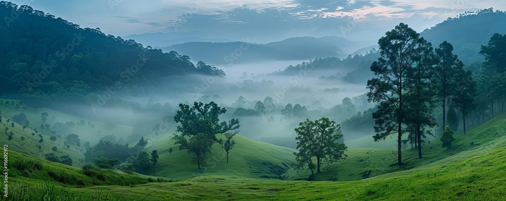 Misty morning hills covered with trees, tranquil and serene Misty morning hills covered with trees, tranquil and serene