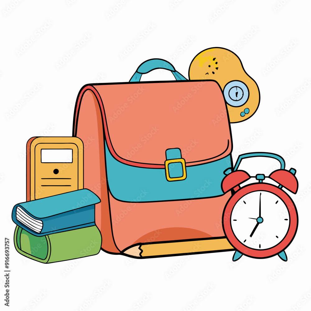 A red school backpack is surrounded by books, a clock, and a cup filled with stationery, symbolizing back-to-school essentials. A red school backpack is surrounded by books, a clock, and a cup filled with stationery, symbolizing back-to-school essentials.