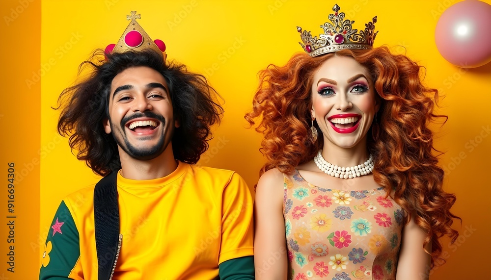 Obraz premium Fun, whimsical elements with bright colors and a sense of joy and creativity, king and queen, Bright, high-contrast lighting, giving a sharp, overexposed effect