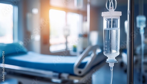 Close up medical intravenous IV drip in hospital background 