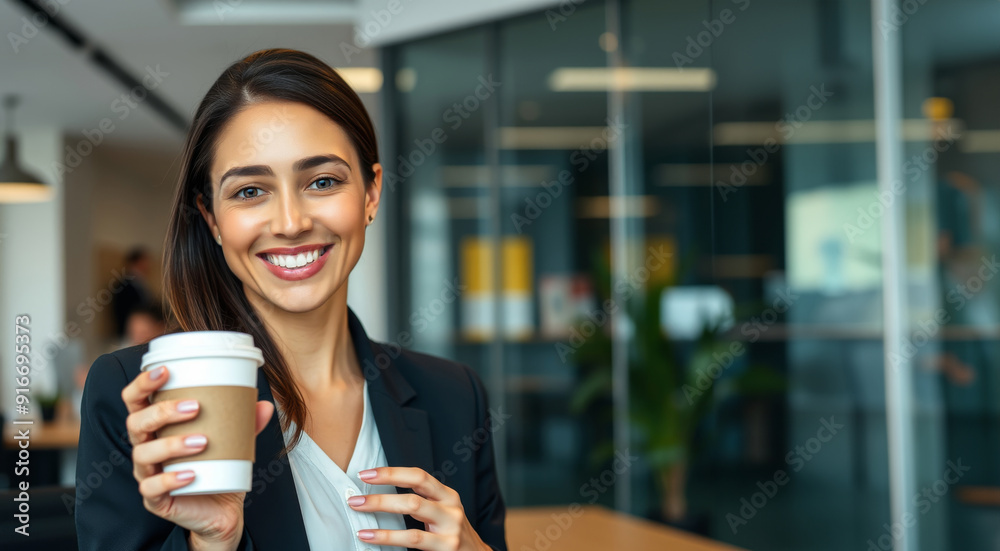 smiling businesswoman drinking coffee in the office smiling businesswoman drinking coffee in the office