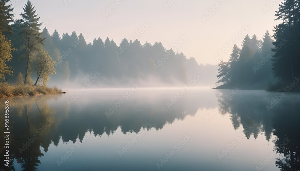 A forest lake with a sign in the middle of the fog.
A forest lake with a sign in the middle of the fog.
