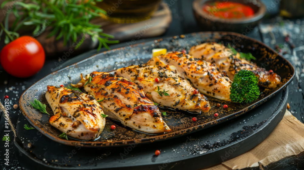 Baked chicken breast in herbs on a dark board against the background of a stone table. Delicacy concept. Baked chicken breast in herbs on a dark board against the background of a stone table. Delicacy concept.
