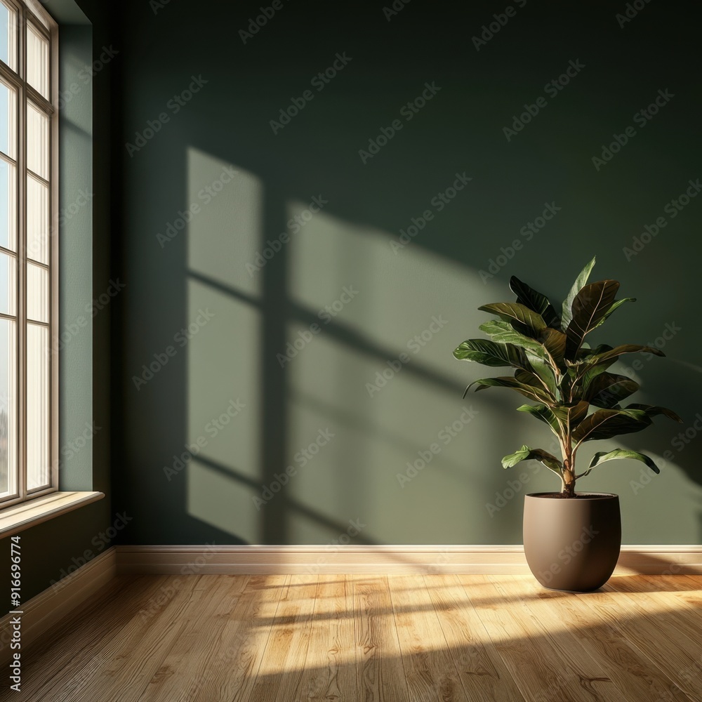 A large potted plant sits in a room with a green wall and wooden floors. The plant is placed near a window, which lets in natural light and creates a warm, inviting atmosphere. The room feels spacious A large potted plant sits in a room with a green wall and wooden floors. The plant is placed near a window, which lets in natural light and creates a warm, inviting atmosphere. The room feels spacious