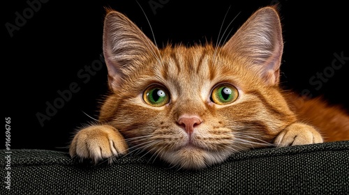 Tortoise Cat Lying On A Sofa, Relaxed With A Black Background