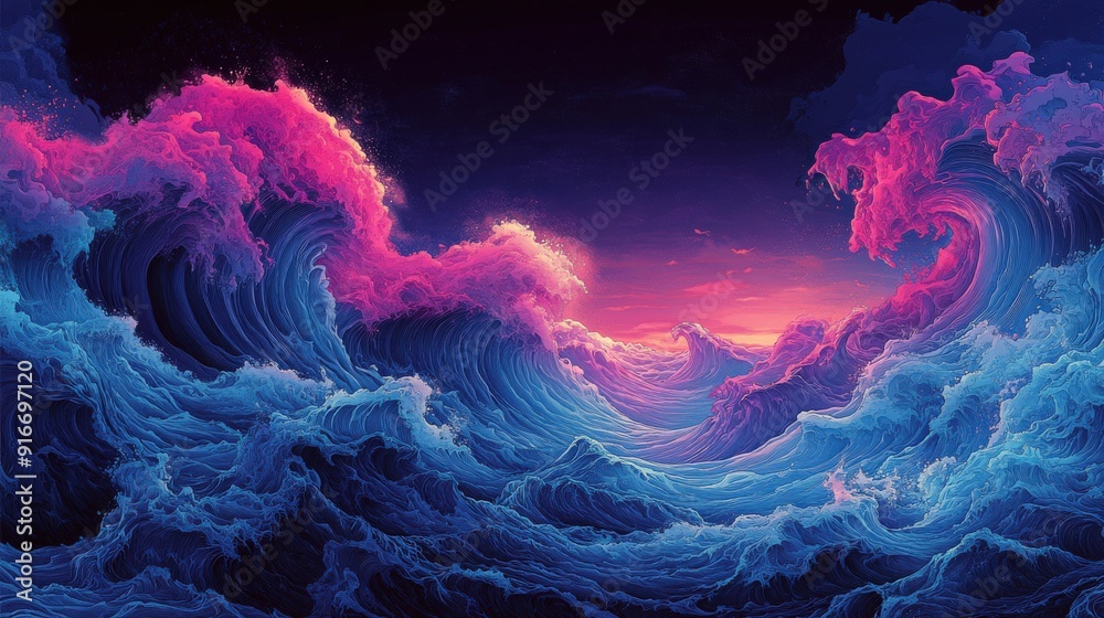 Fototapeta premium Dream-like ocean waves illustrated in a psychedelic style, featuring dark blue and pink shades, with distorted figures and vibrant trillwave elements