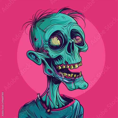 Stylized cartoon zombie with big eyes on a neon pink background.
