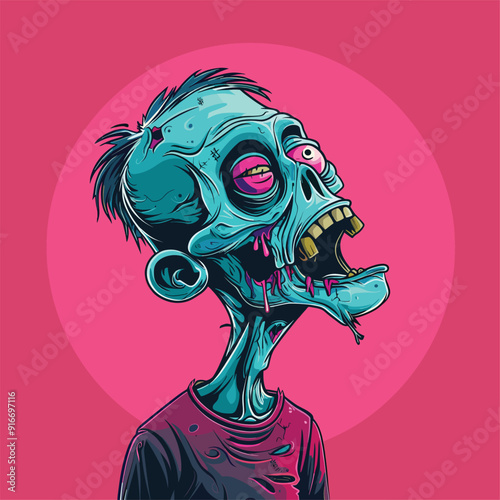Stylized cartoon zombie with big eyes on a neon pink background.
