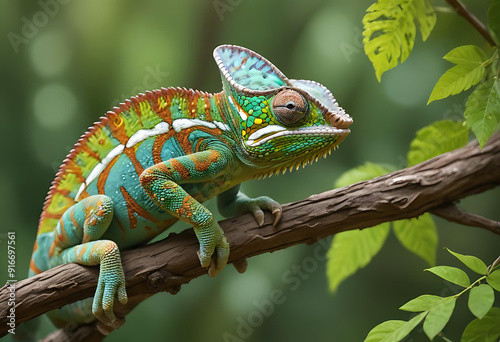 A chameleon showcases its incredible camouflage and Green chameleon on a branch