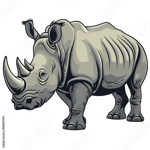 A rhino with its head down and its horns up