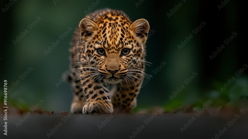 Fototapeta premium Walking Leopard On A Forest Road, Stealthy
