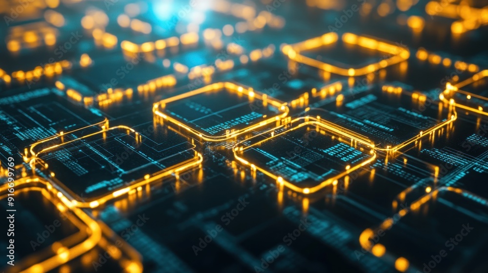 Abstract Digital Circuitry with Glowing Orange Lines