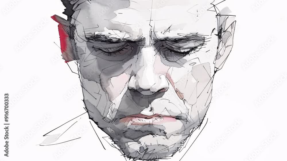 portrait of a sad man with depression with closed eyes frontal person artistic drawing sktech.