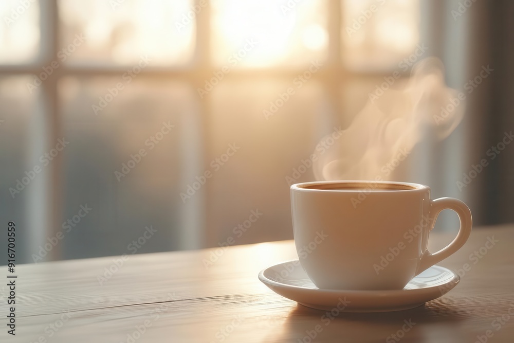 A cozy cup of steaming coffee sits on a wooden table, bathed in warm morning light, perfect for a tranquil moment. A cozy cup of steaming coffee sits on a wooden table, bathed in warm morning light, perfect for a tranquil moment.