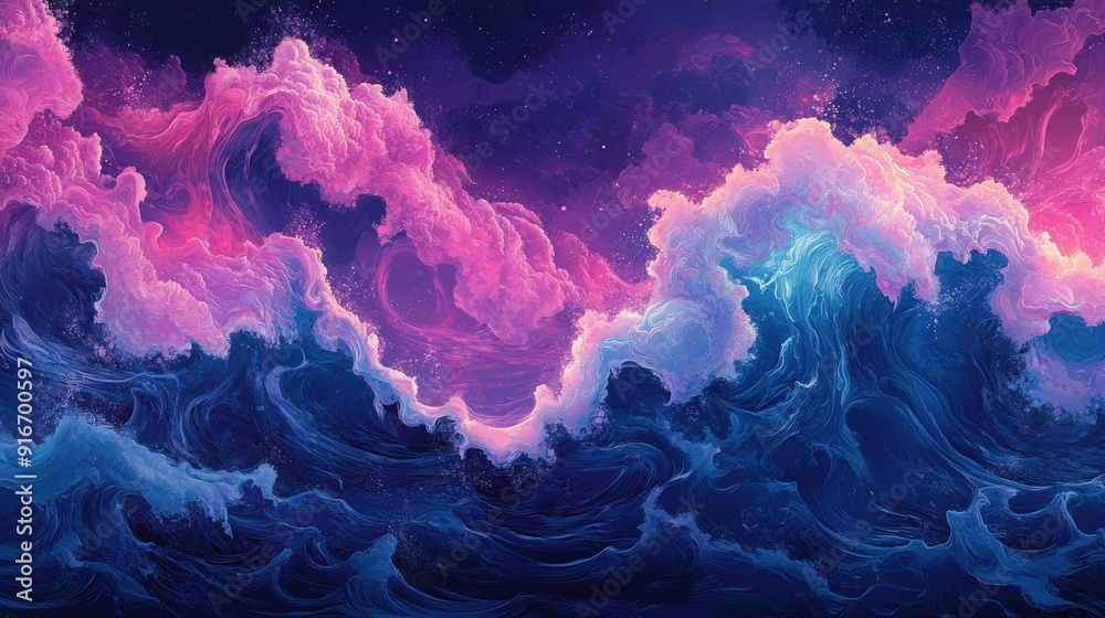 Fototapeta premium Psychedelic-style ocean waves with a dark blue and pink palette, creating a vibrant dream-like scene with distorted figures and trillwave illustrations