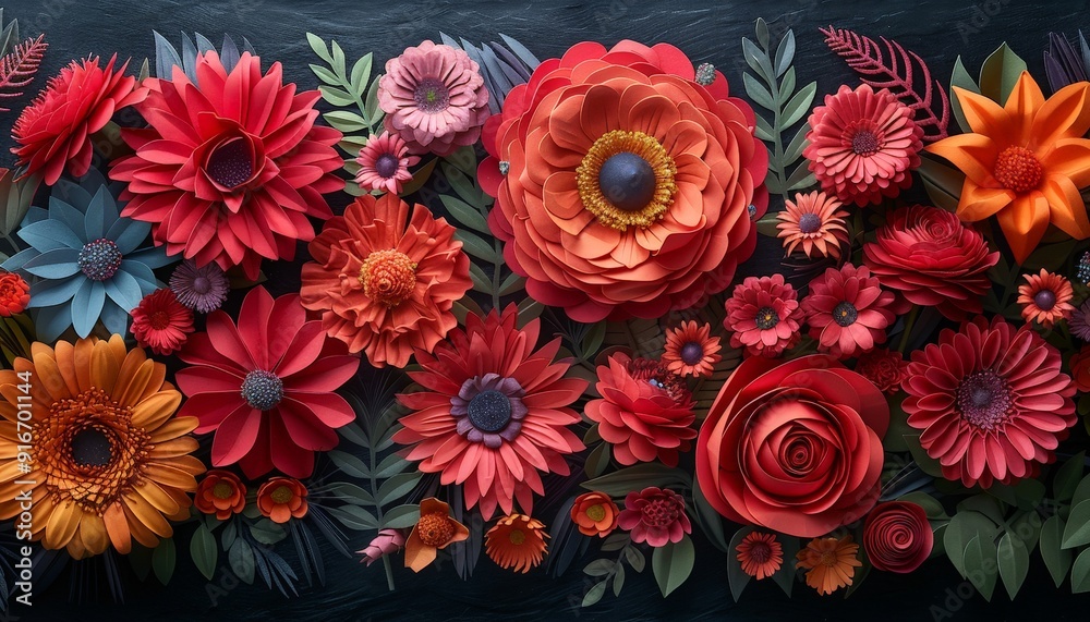 Assorted 3D flowers forming a complex abstract design with a dark background Assorted 3D flowers forming a complex abstract design with a dark background
