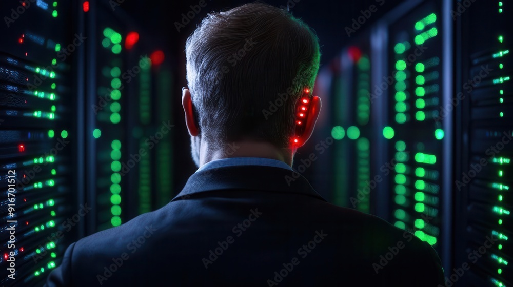 A professional in a suit monitoring data centers with green server lights and communication devices, symbolizing cybersecurity. A professional in a suit monitoring data centers with green server lights and communication devices, symbolizing cybersecurity.