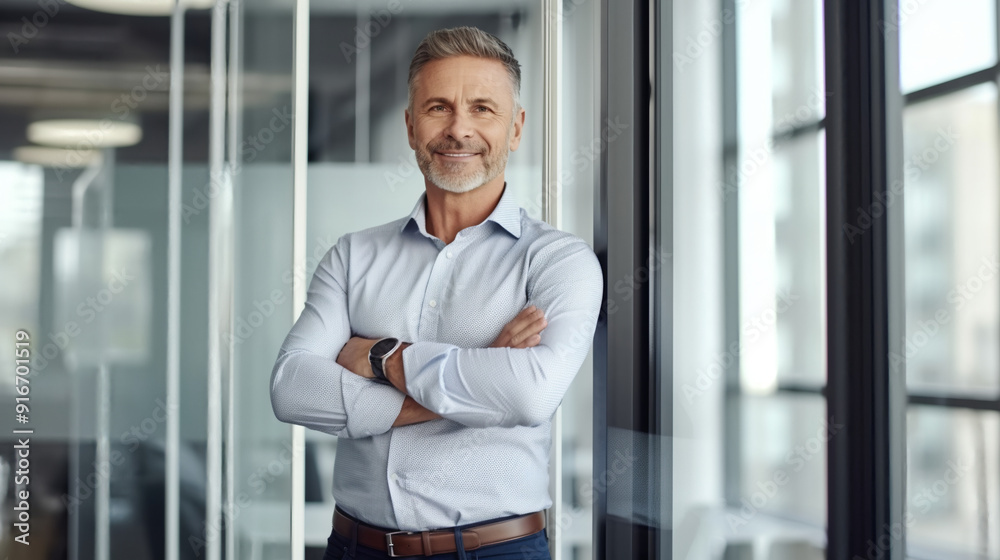 A confident middle-aged business man stands in an office with his arms crossed, smiling at the camera. A confident middle-aged business man stands in an office with his arms crossed, smiling at the camera.