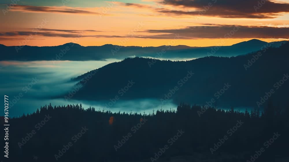 The rising sun is painting the sky in vibrant colors, casting a warm glow over the peaks of the carpathian mountains, while a thick sea of fog fills the valleys below The rising sun is painting the sky in vibrant colors, casting a warm glow over the peaks of the carpathian mountains, while a thick sea of fog fills the valleys below