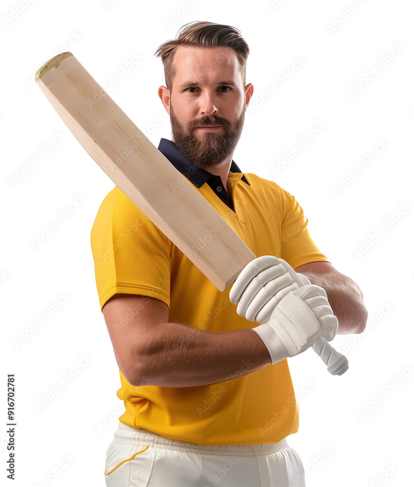 Portrait of a caucasian cricket player holding a bat on isolated background